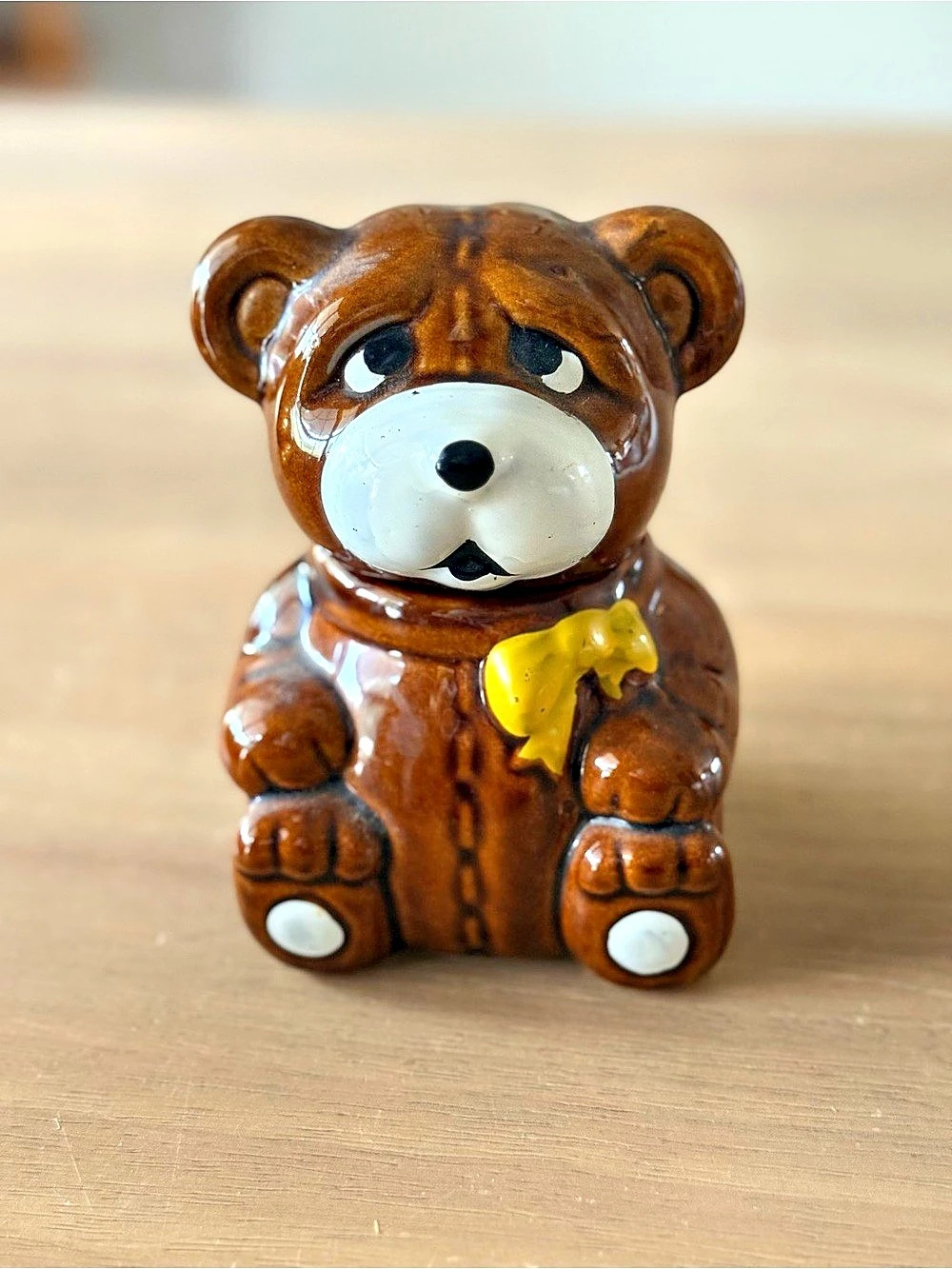 Vintage 1982 Houston Foods Ceramic Brown TEDDY BEAR Honey Jar & Wooden Dipper 5"